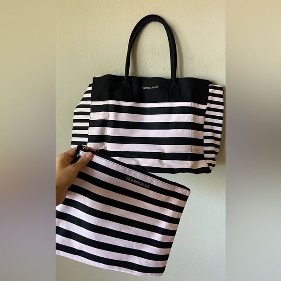 NWOT Victoria's Secret WEEKEND TRAVEL TOTE BAG & COSMETICS BAG PINK STRIPE - Picture 4 of 5